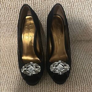 Elegant Black Peep-Toe Heels with Crystal Embellishments